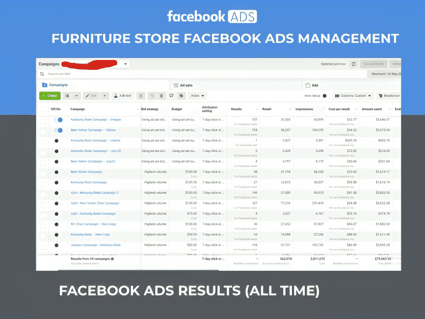 Furniture company Facebook ads management dashboard